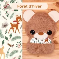 Doudou Bee Doux Orion l’Ourson avec cœur en tissu motif Forêt d'hiver